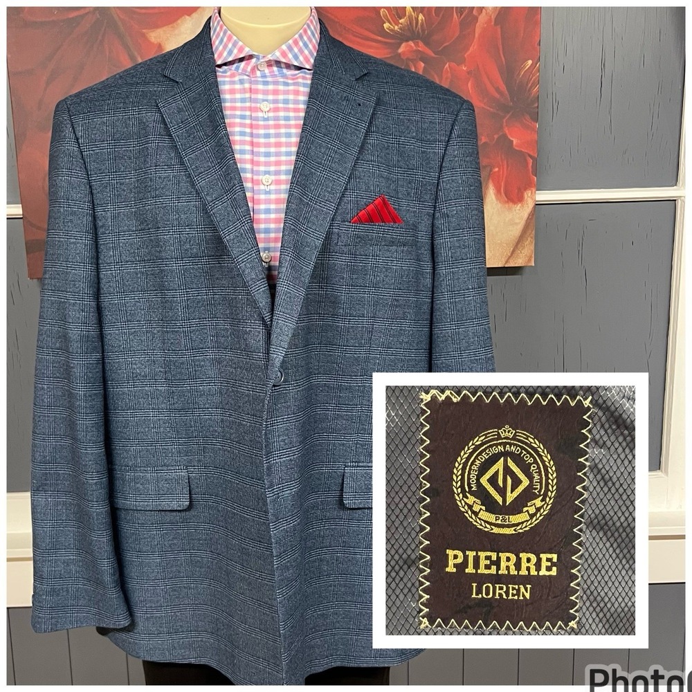 Pierre Loren Blazer Sport Jacket Men 50L Long Polyester Blend Stretch Blue Plaid